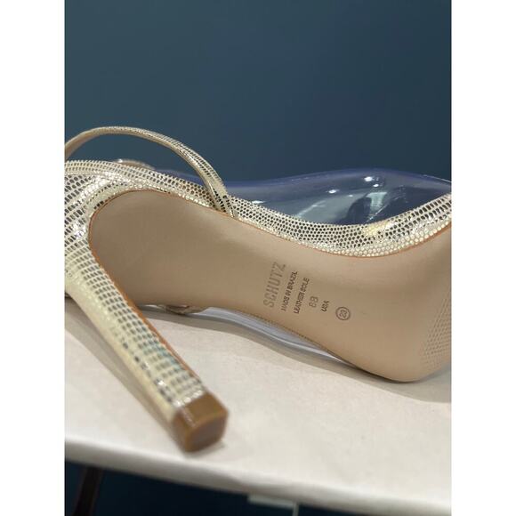 Schutz Altina Platina Gold Strappy Sandal Heels Sz 8 - Picture 6 of 7